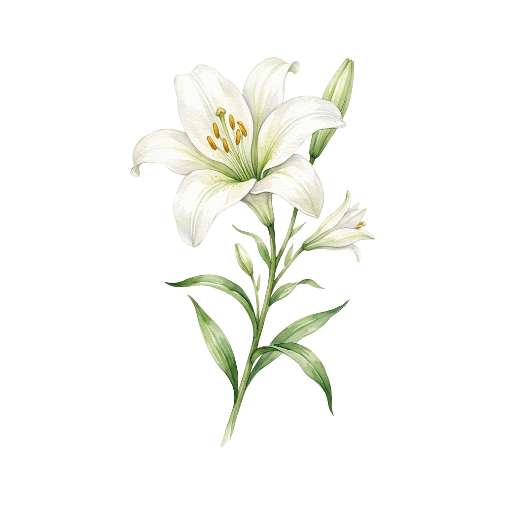 A detailed illustration of a white lily flower with green stems and leaves against a black background