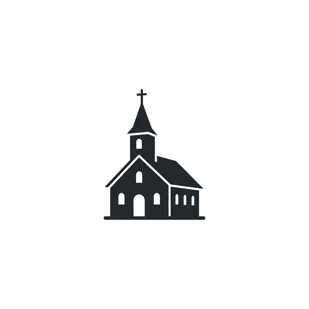 Minimalist illustration of a small church with a cross-topped steeple and arched doorway