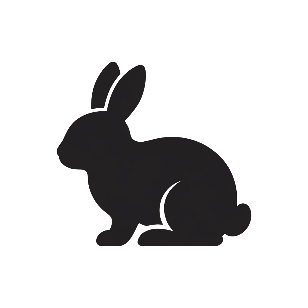 A minimalist silhouette of a rabbit sitting on a flat surface.