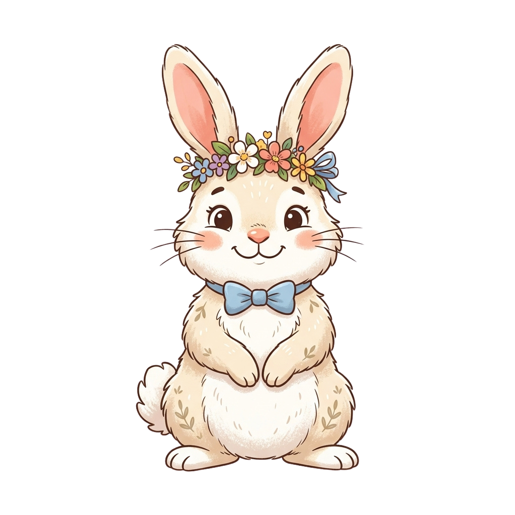 A cheerful cartoon rabbit sitting upright, wearing a flower crown and a blue bow tie.