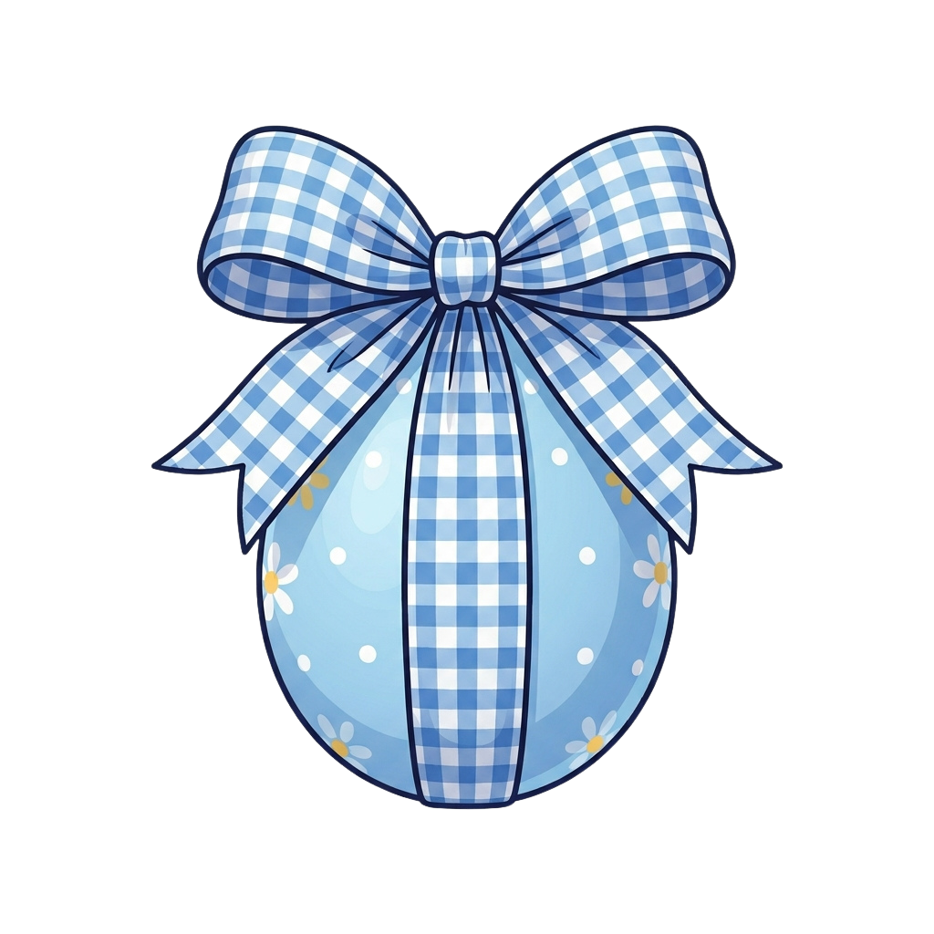 Illustration of a blue checkered bow tied around a light blue egg with small yellow flowers and dots