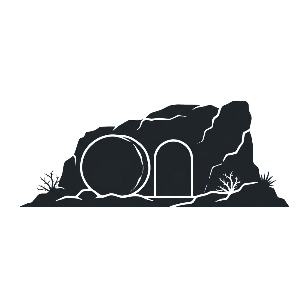 Illustration of a tomb entrance carved into a rocky hillside with two arched openings.