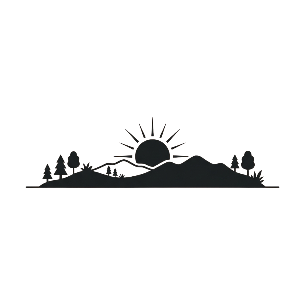Silhouette of a sunset over rolling hills and scattered trees against a dark sky