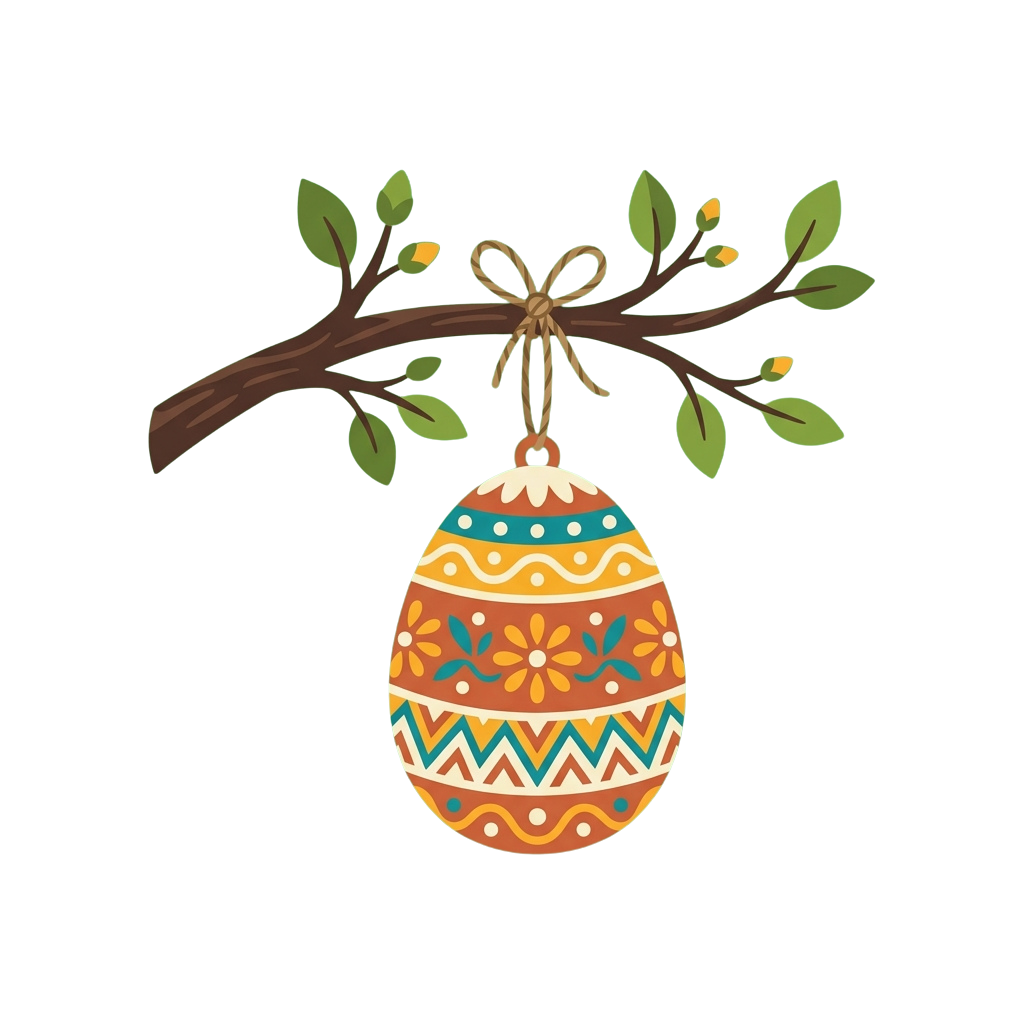 Colorful Easter egg with intricate patterns hanging from a branch with a bow