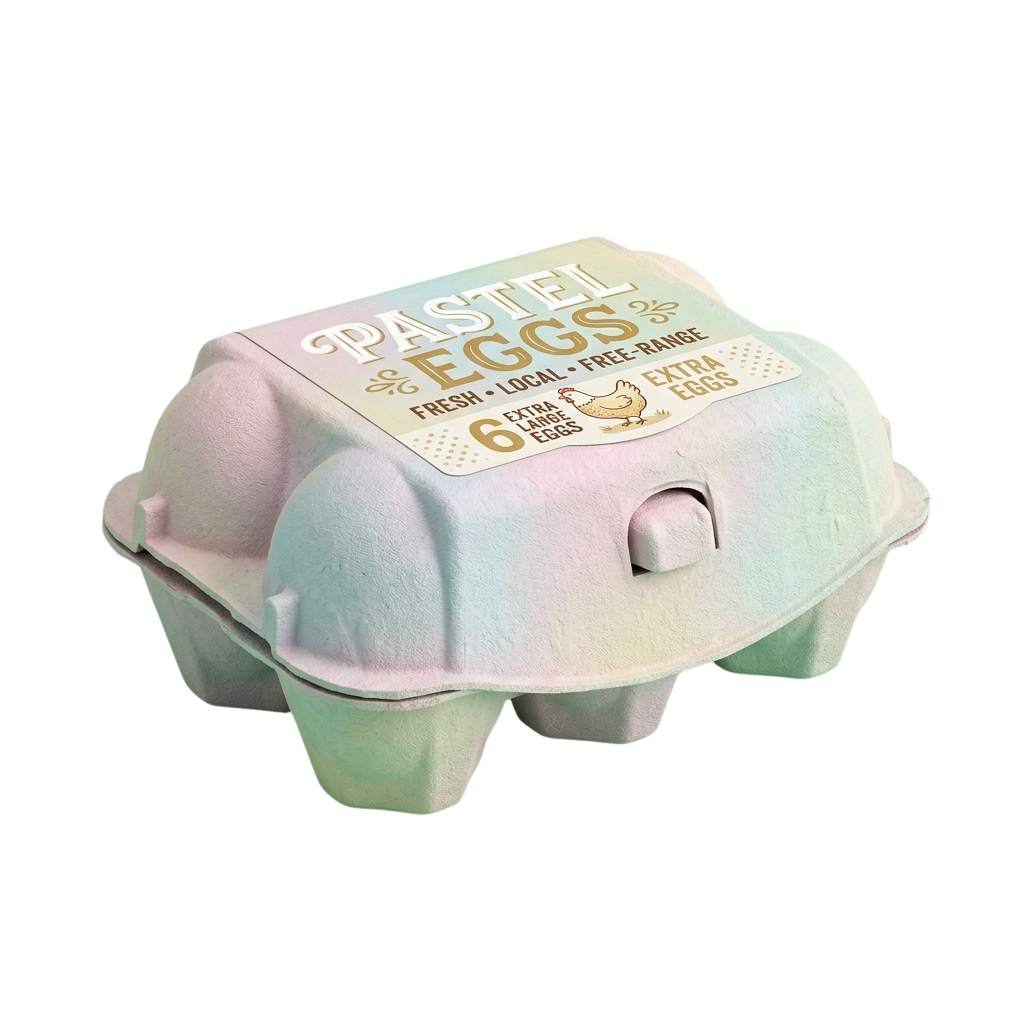 A pastel-colored egg carton holding six extra-large free-range eggs with a label indicating fresh, local, and free-range.