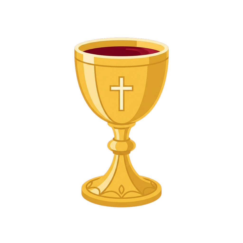 A golden chalice with a cross symbol on the front, containing red liquid.