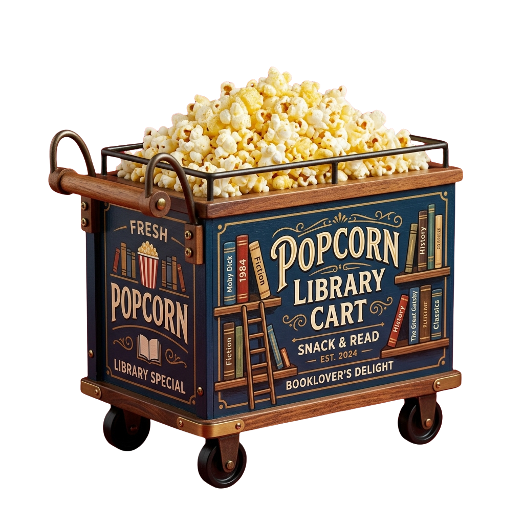 A decorative popcorn cart designed like a library with bookshelves and ladders, filled with popcorn.