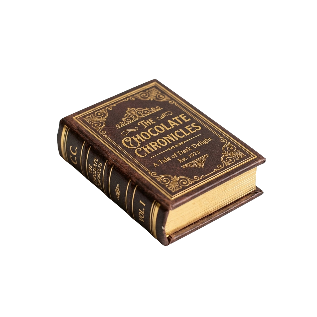 A vintage-style book titled The Chocolate Chronicles with ornate gold detailing on a dark brown cover.