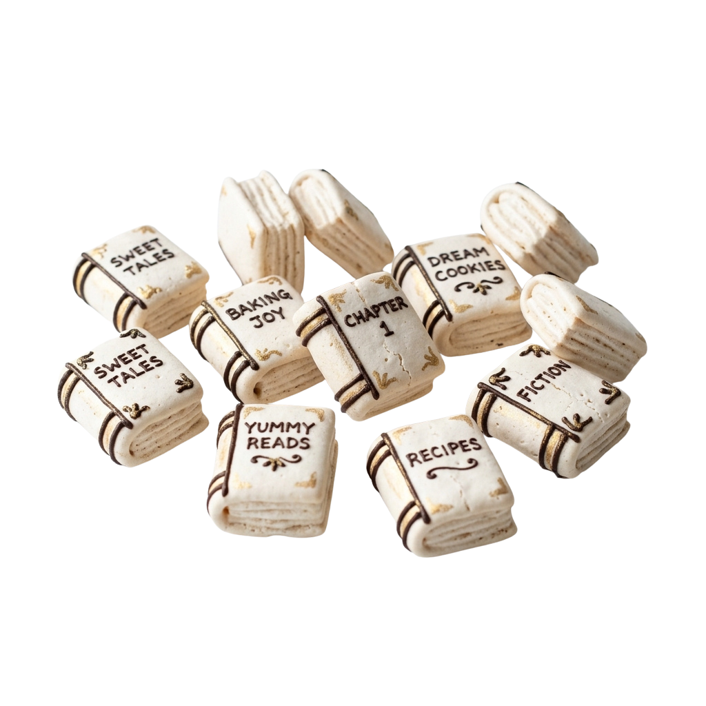 Assorted book-shaped cookies with labels like Sweet Tales, Baking Joy, Dream Cookies, and Fiction.
