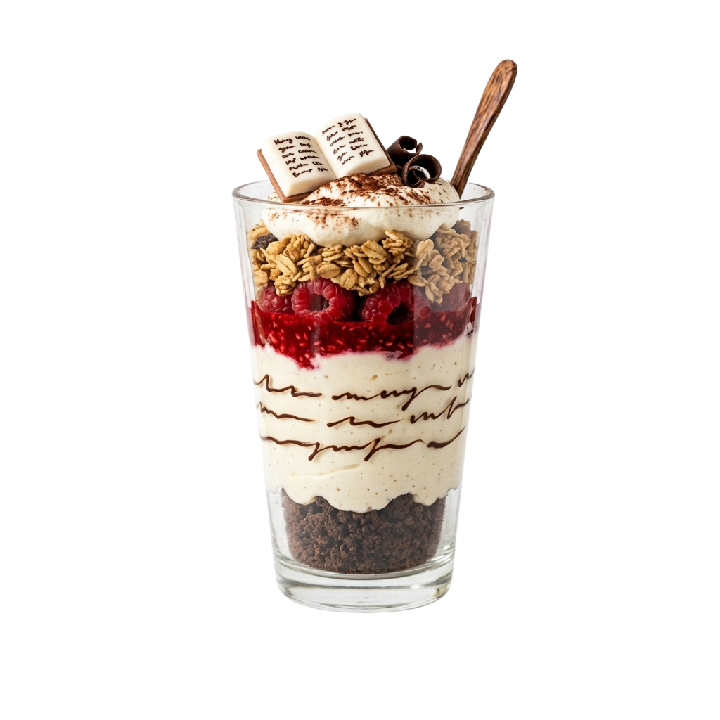 A tall glass of layered dessert drink featuring whipped cream, granola, raspberries, and chocolate drizzle with a book-shaped cookie on top.