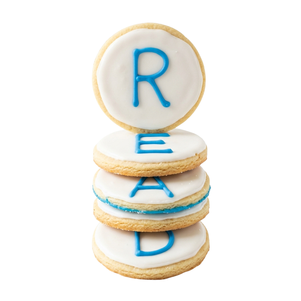 Three round cookies stacked vertically with white icing and blue lettering spelling READ