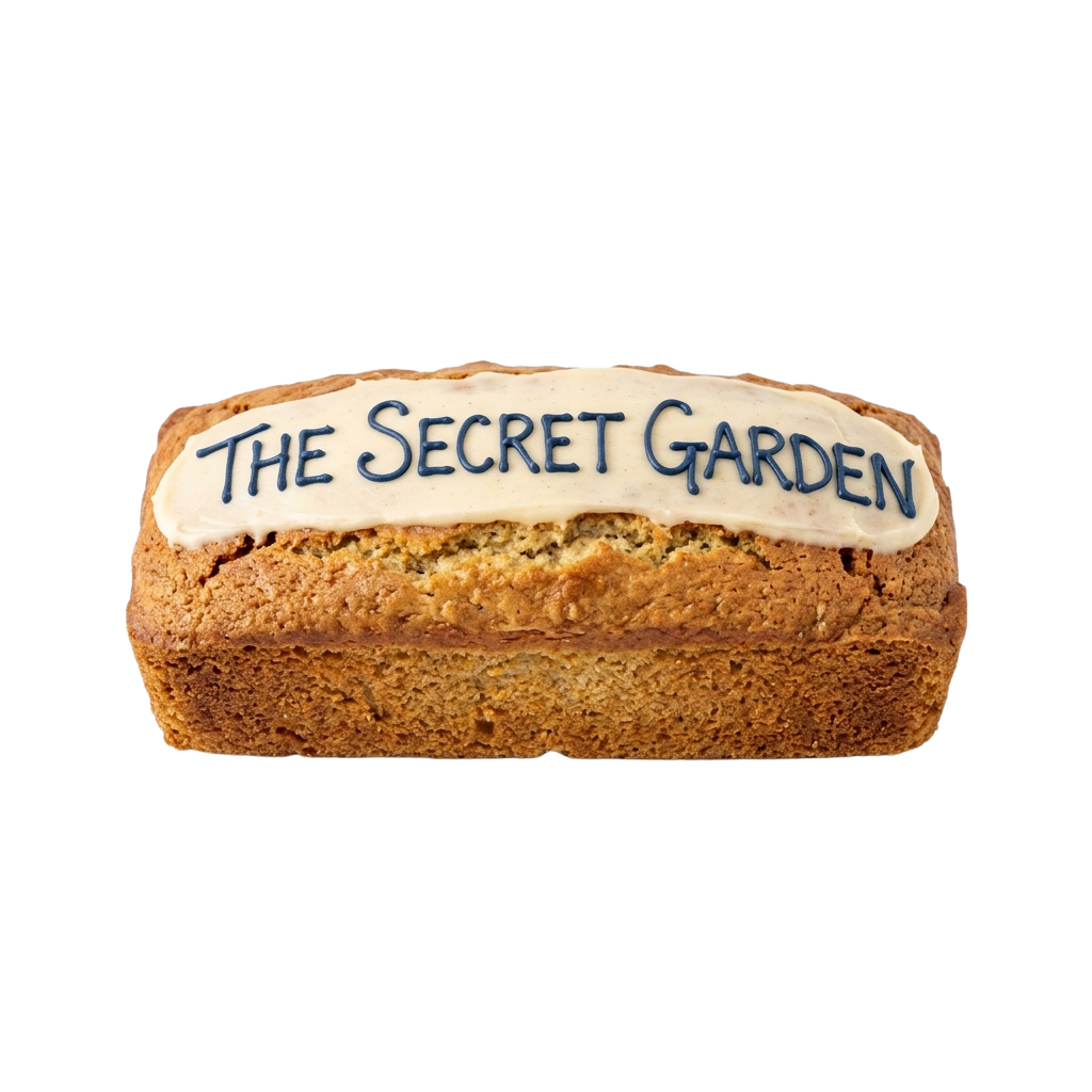 A rectangular loaf cake topped with cream cheese frosting and blue icing text reading The Secret Garden