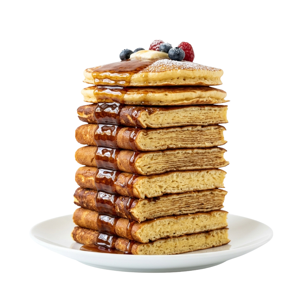 A tall stack of golden-brown pancakes drizzled with syrup and topped with fresh berries on a white plate
