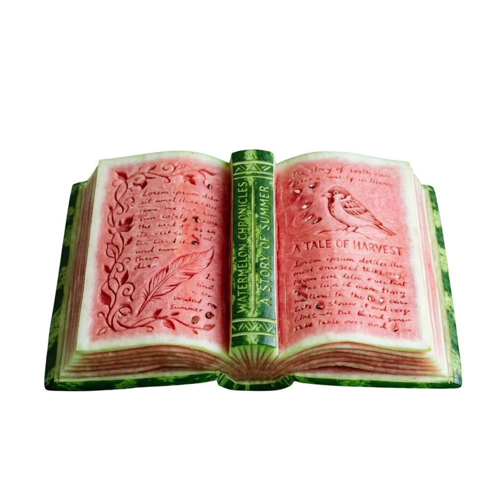 A watermelon carved to look like an open book with pages illustrating a summer harvest tale and decorative designs.