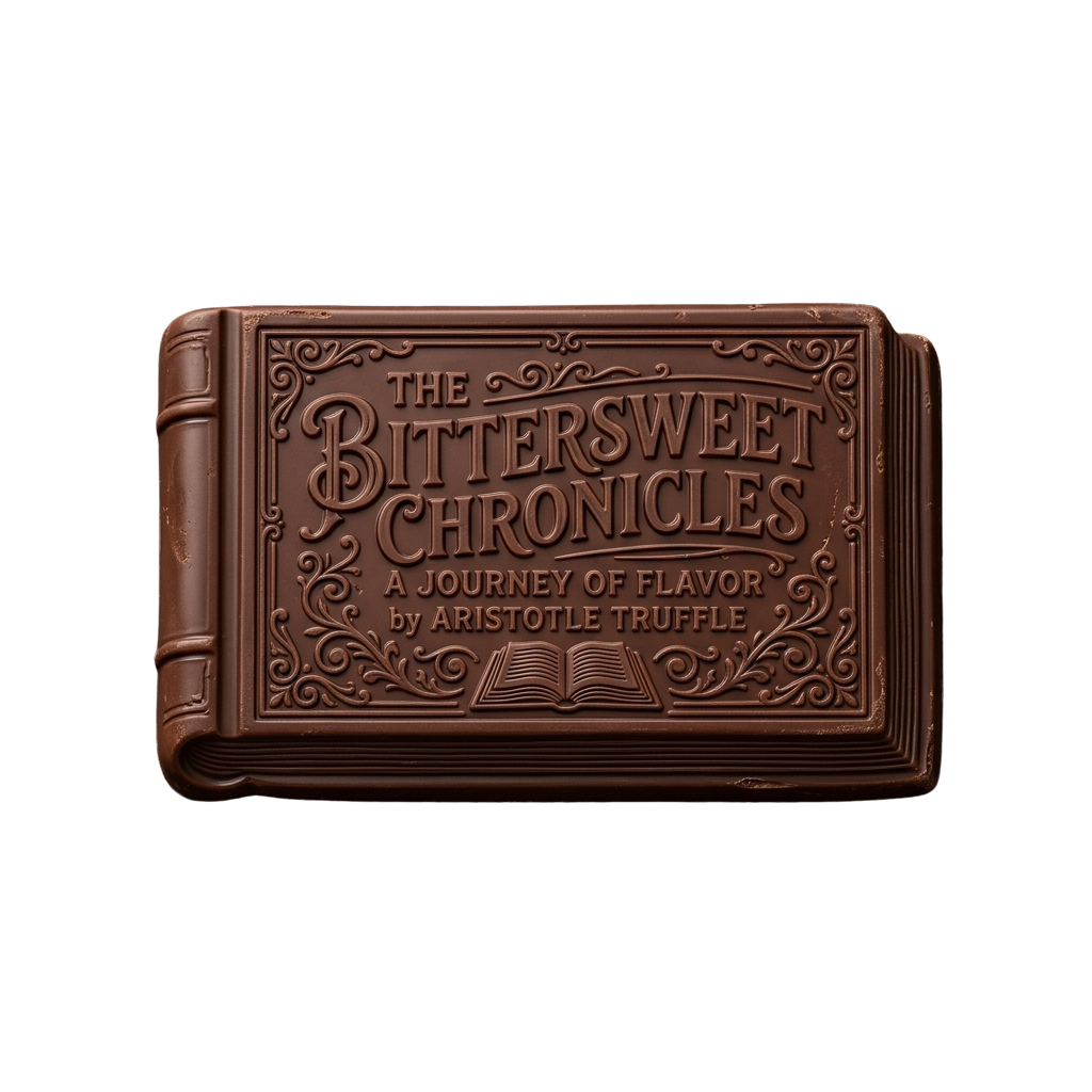 Chocolate bar shaped like an old book titled Bittersweet Chronicles, featuring intricate embossed designs.
