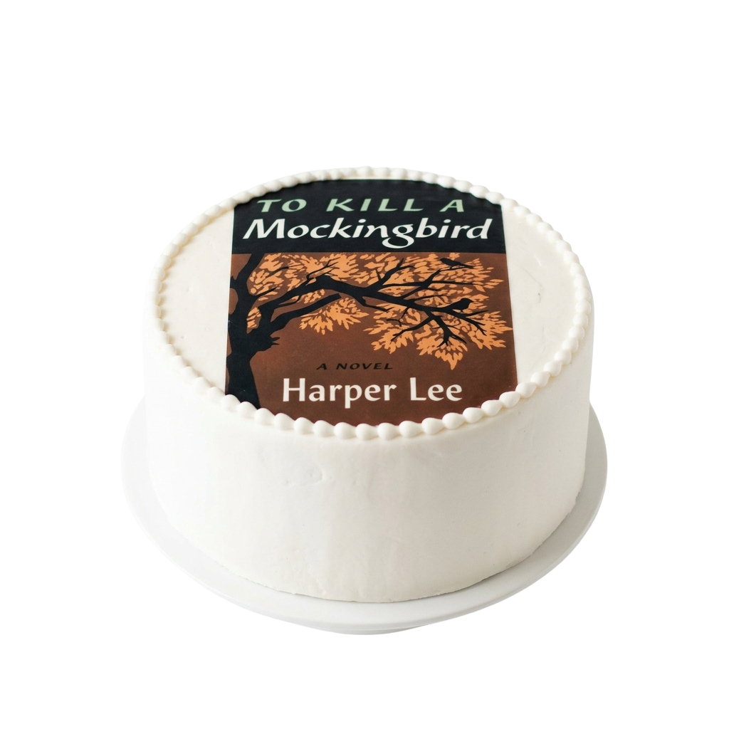 Round white cake decorated with To Kill a Mockingbird book cover featuring a tree with autumn leaves and author name Harper Lee