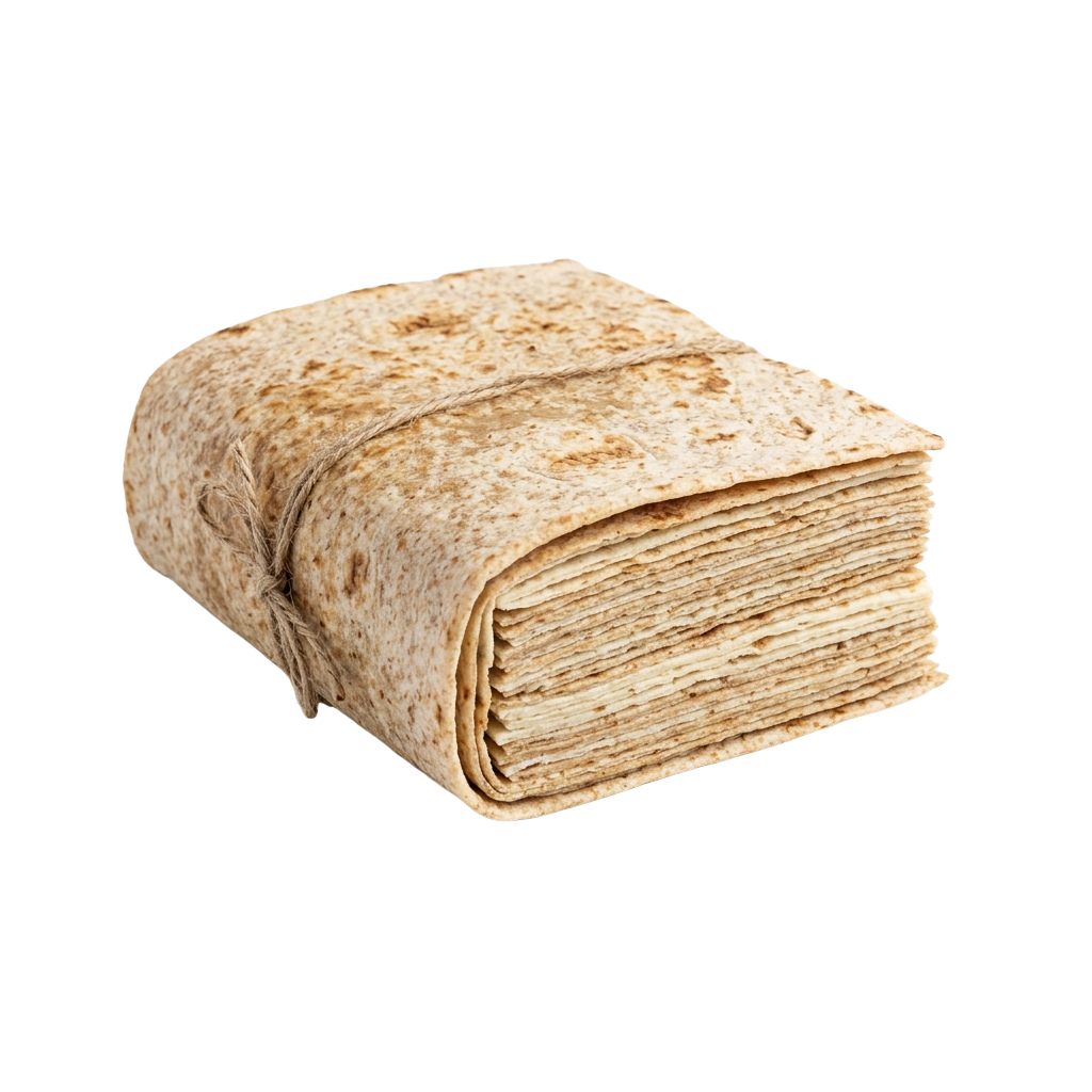 A stack of light brown whole grain flatbreads tied together with twine