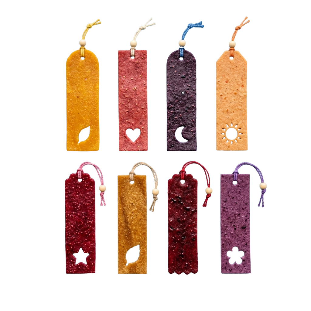 Eight bookmarkers with distinct shapes and earthy tones hanging against a black background