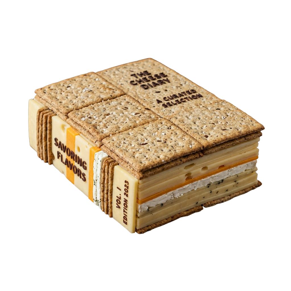 A book-shaped cheese board with crackers and cheese slices arranged like pages.
