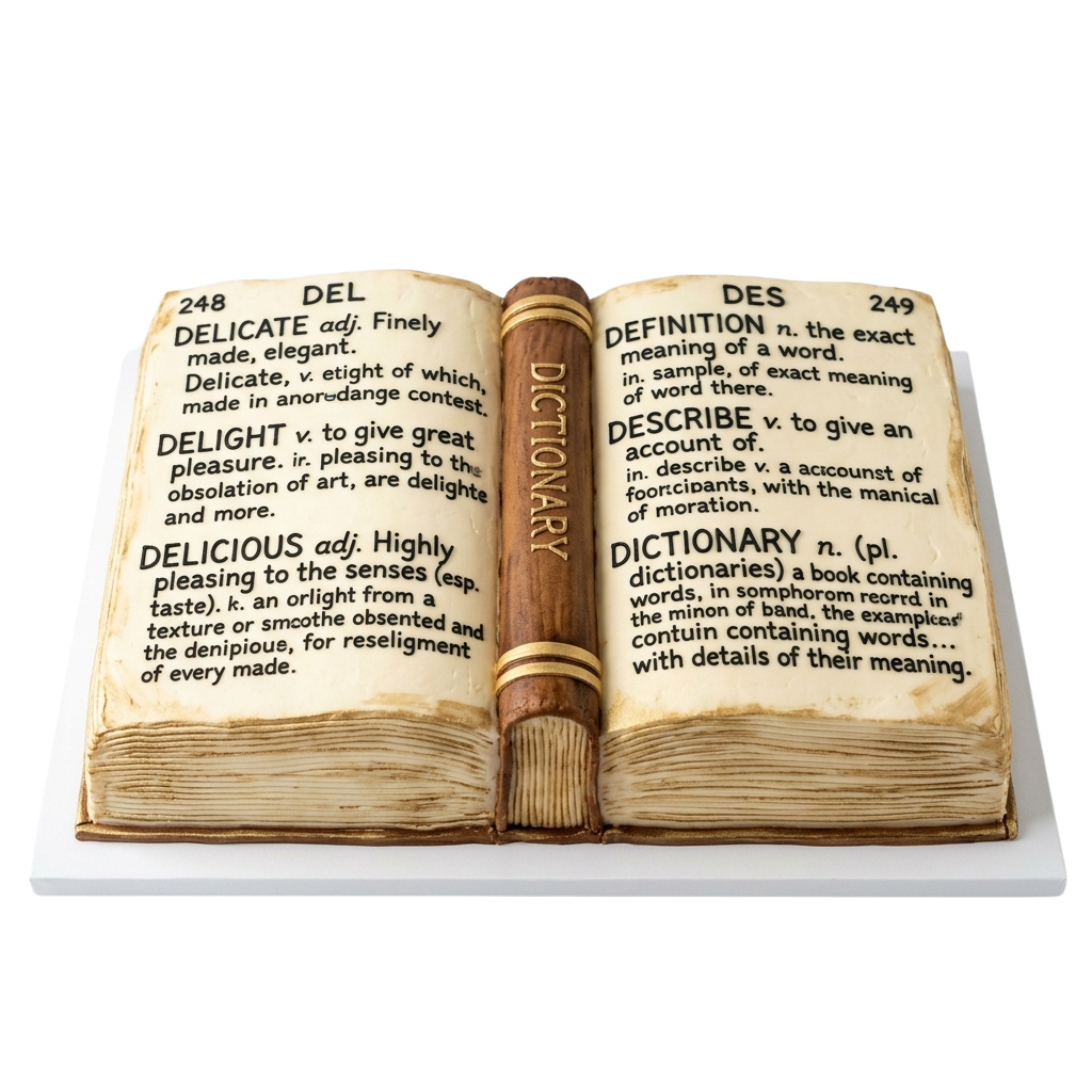 An open dictionary cake showing definitions for words like delight and delicious on page 248 and dictionary on page 249