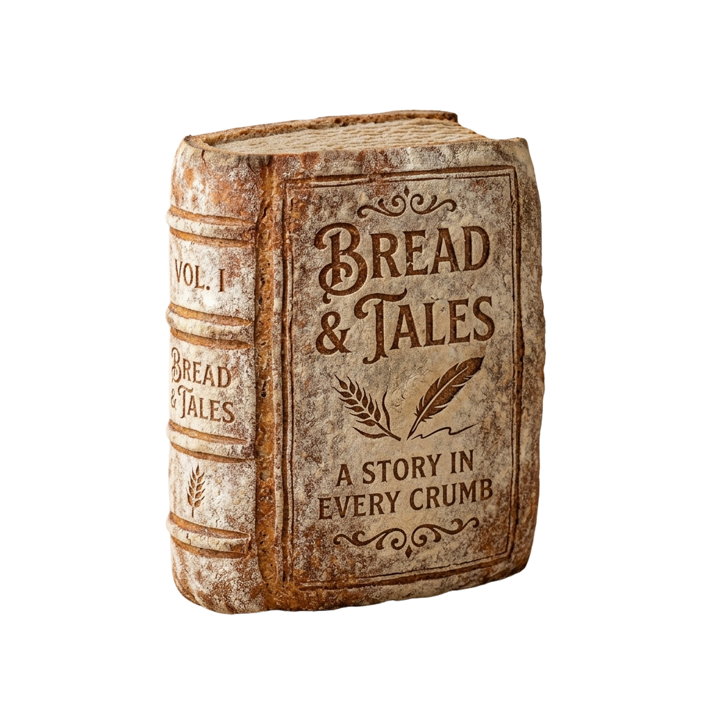 A loaf of bread shaped like an old book titled Bread and Tales with wheat and quill illustrations.