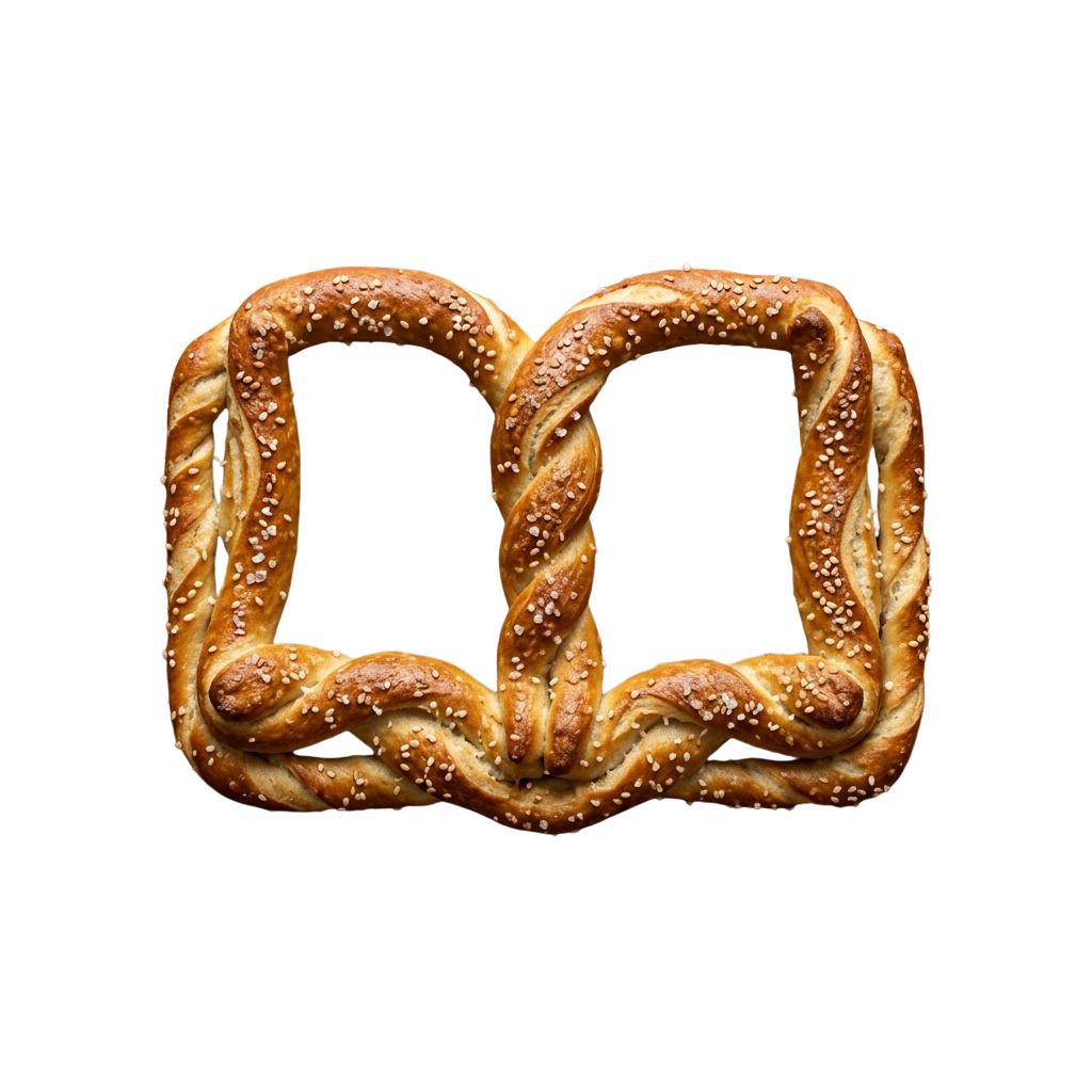 Golden brown twisted pretzel with coarse salt sprinkled on top against a black background