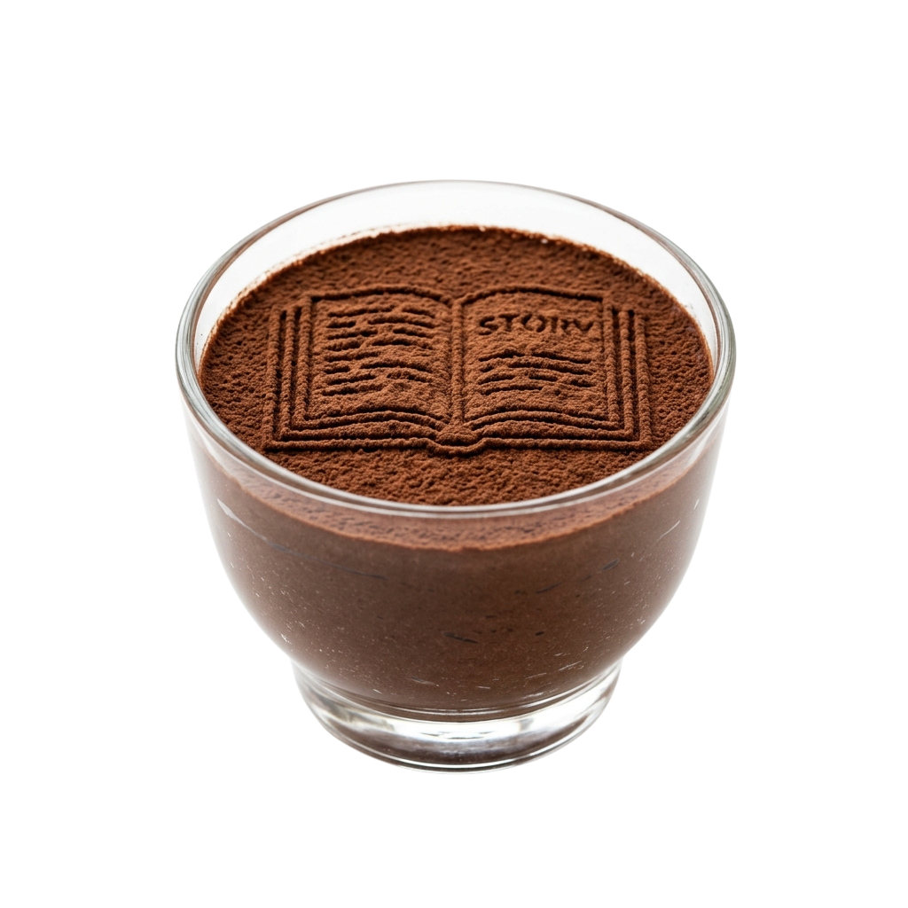 Glass cup filled with chocolate dessert topped with a powdered book design