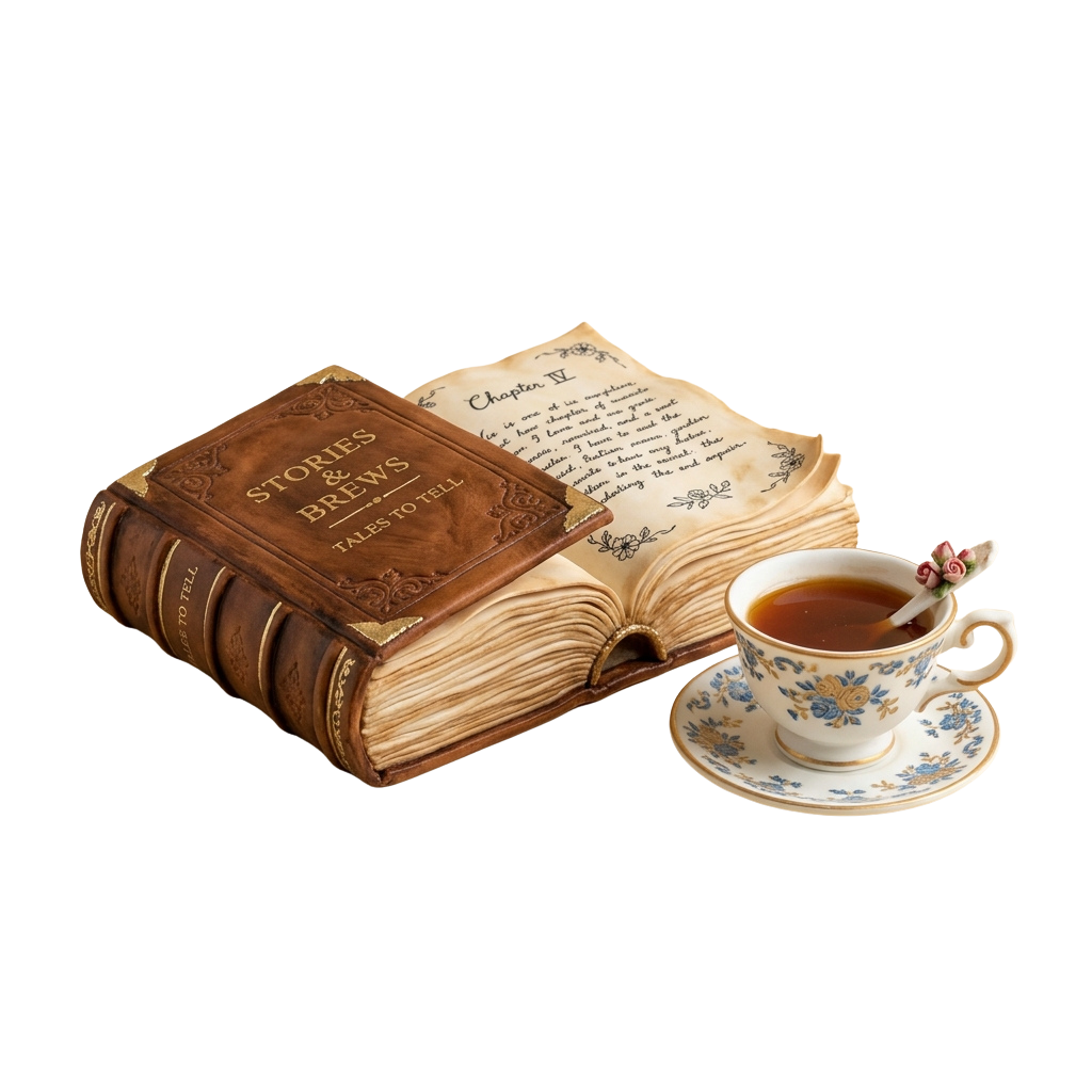 An old book titled Stories Brews Tales to Tell with a cup of tea on a saucer beside it