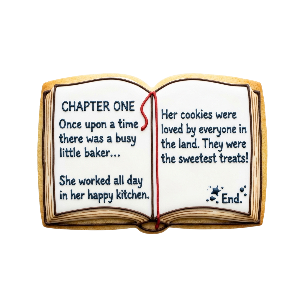 An open book-shaped cookie with a story about a baker and her cookies inside.