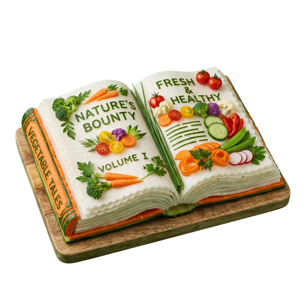 Open book-shaped cake decorated with fresh vegetables and fruits, labeled Nature's Bounty Volume I and Fresh Healthy