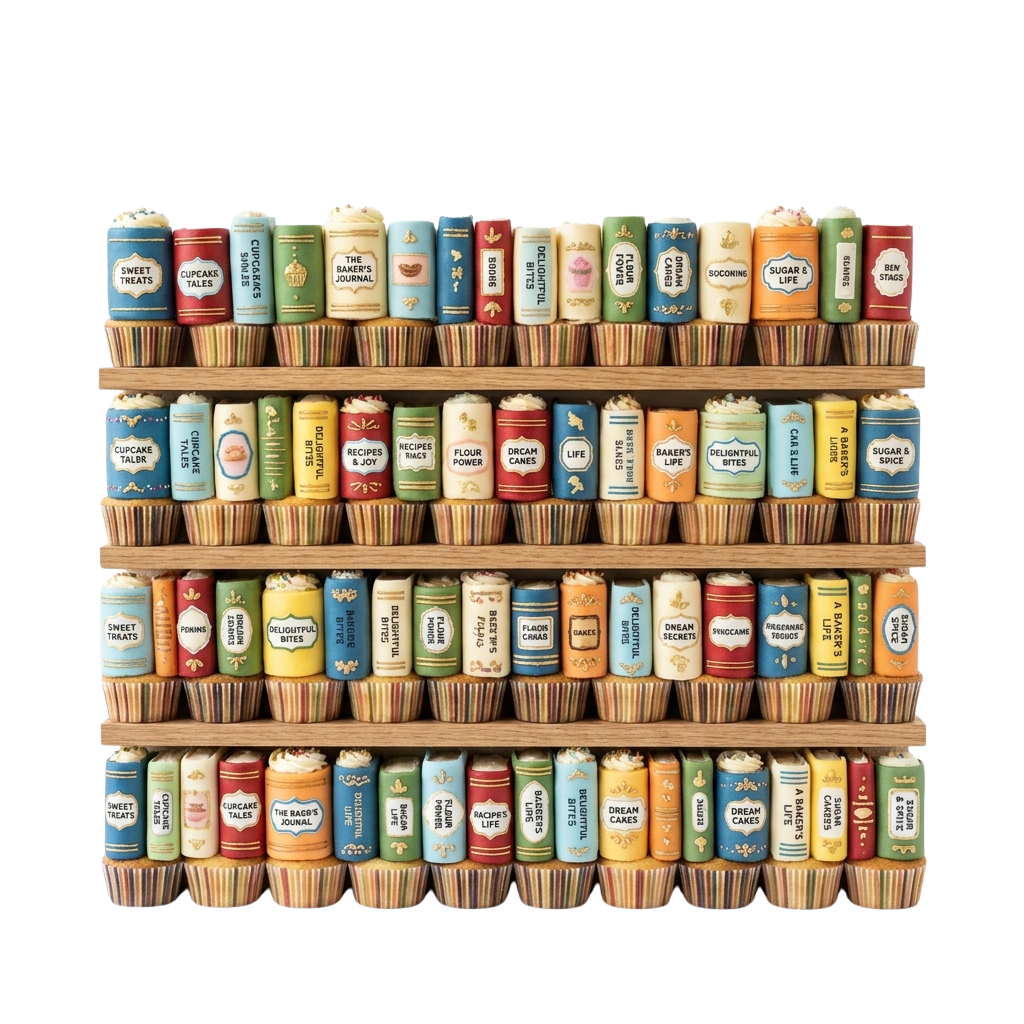 Four shelves of colorful edible cake can decorations arranged in rows.