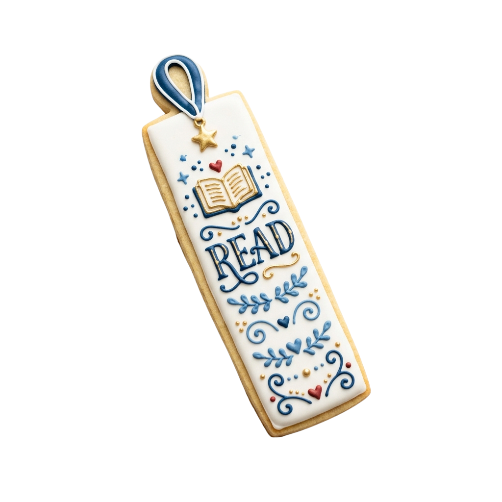 Decorated rectangular cookie shaped like a book with the word read and book illustrations
