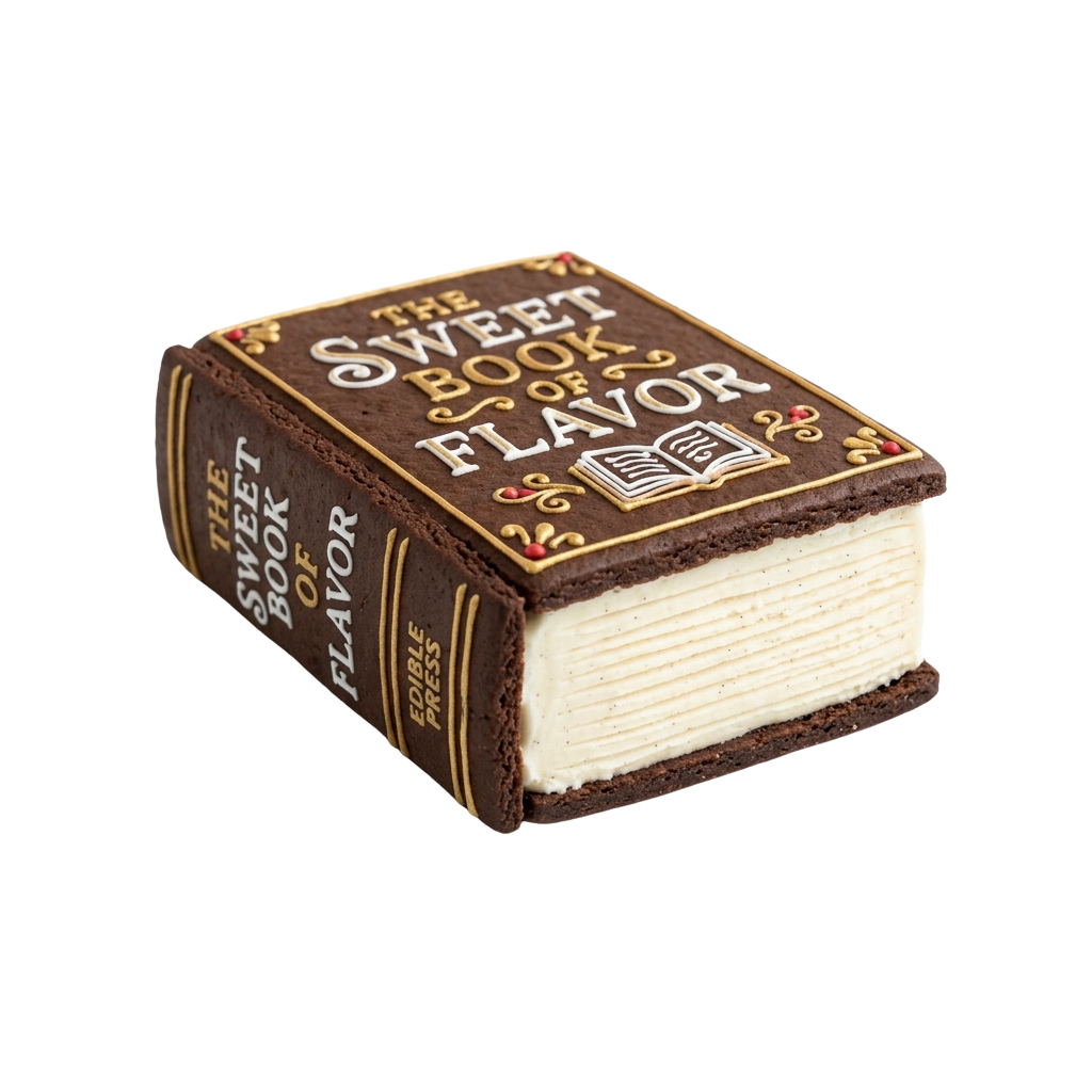 Chocolate cake shaped like an old book with white ice cream filling and decorative text on the cover