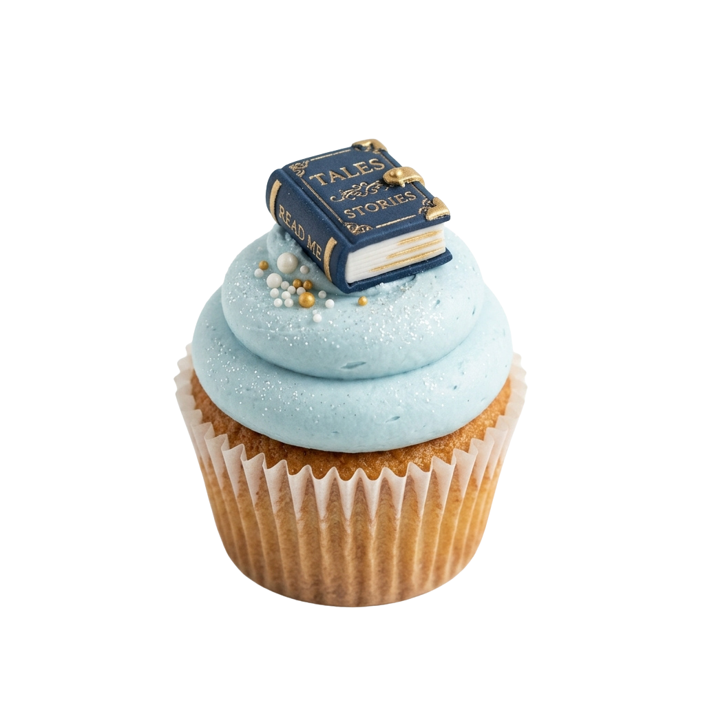 A light blue frosted cupcake with a book-shaped topper labeled Tales Stories and Read Me