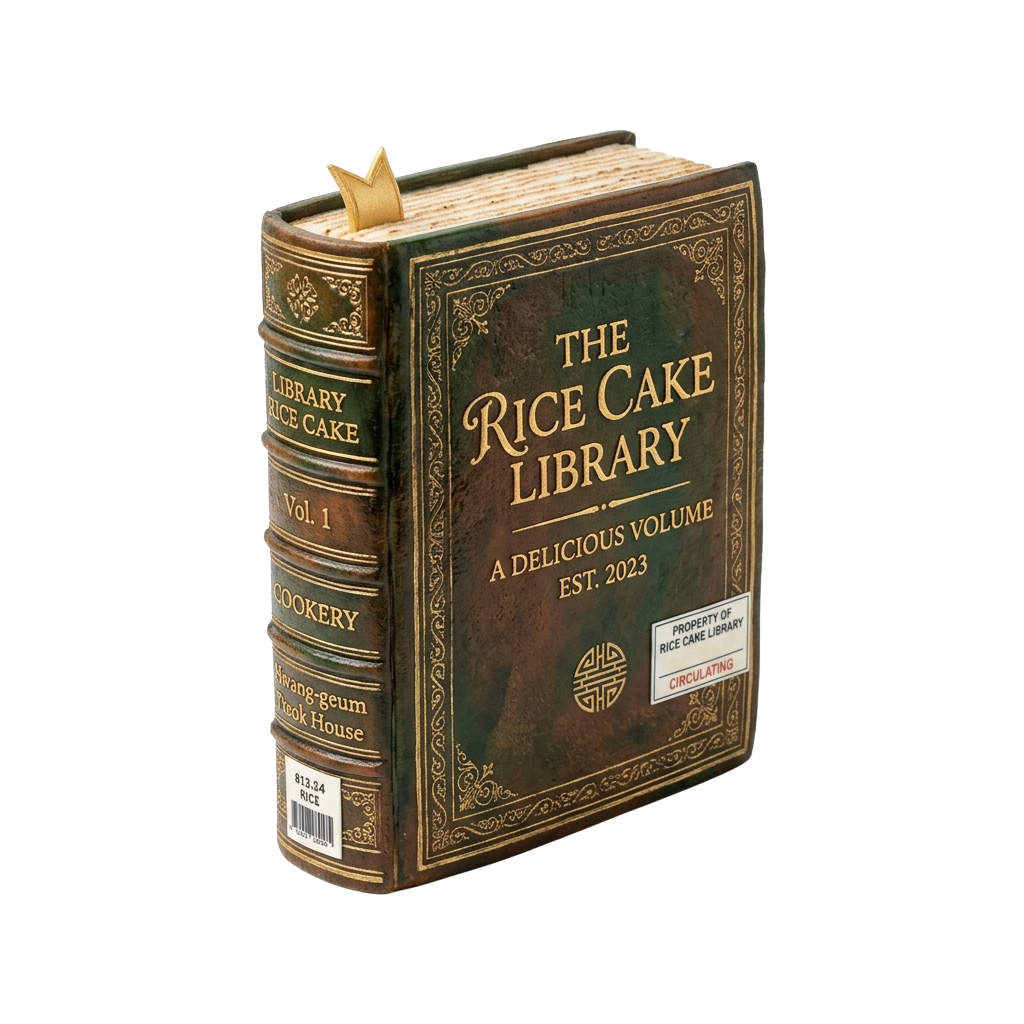 An antique-style book titled The Rice Cake Library Volume 1 with a golden bookmark on top.