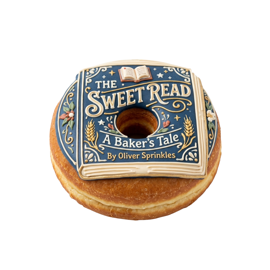 A book-themed donut with an open hole, decorated with blue and gold designs and text reading Sweet Read A Bakers Tale.