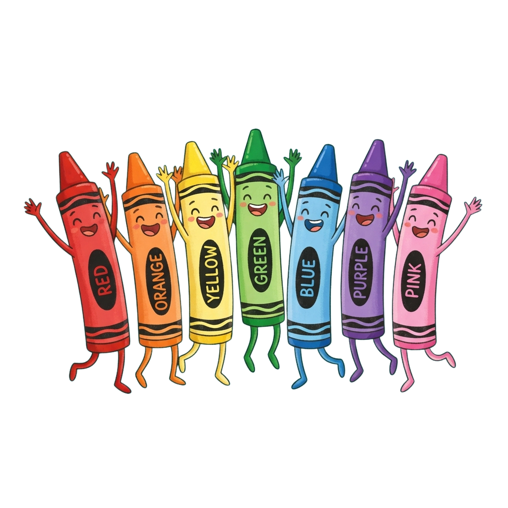 Seven anthropomorphic crayons in red, orange, yellow, green, blue, purple, and pink colors waving arms and smiling