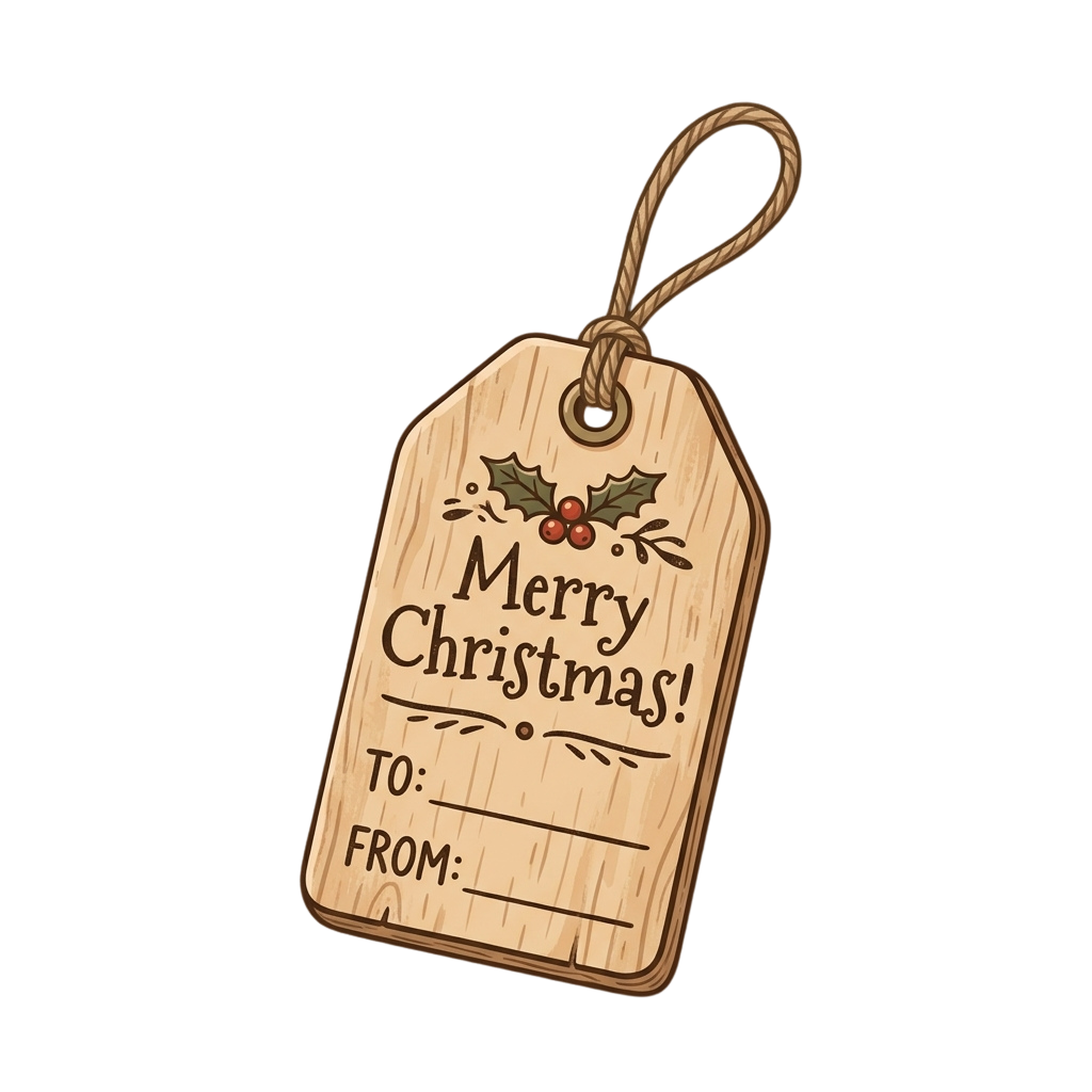 Wooden tag with Merry Christmas text and holly illustration, attached by twine, ready for gifting