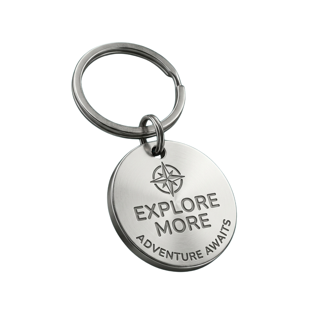 Shiny metal keychain tag with compass symbol and words Explore More Adventure Awaits