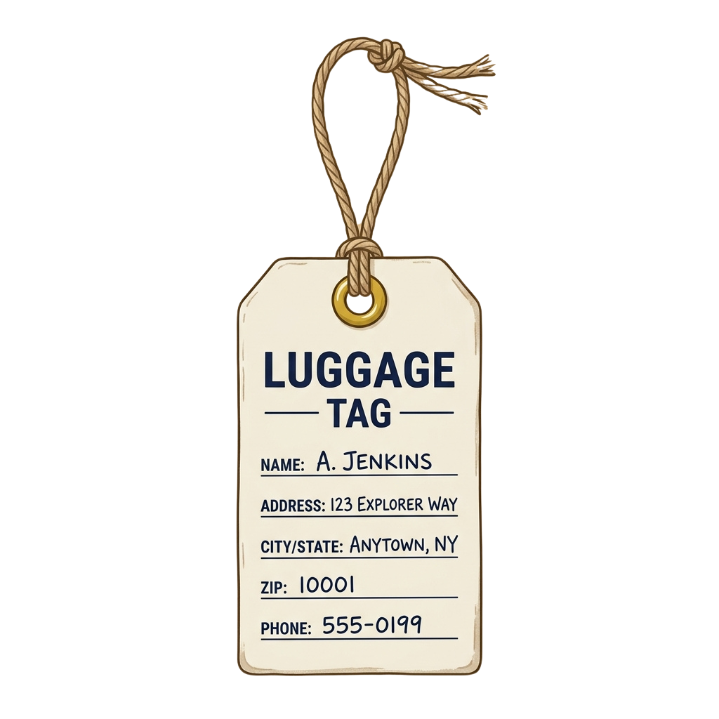 A luggage tag displaying name, address, city, zip code, and phone number on a beige card with a rope handle.