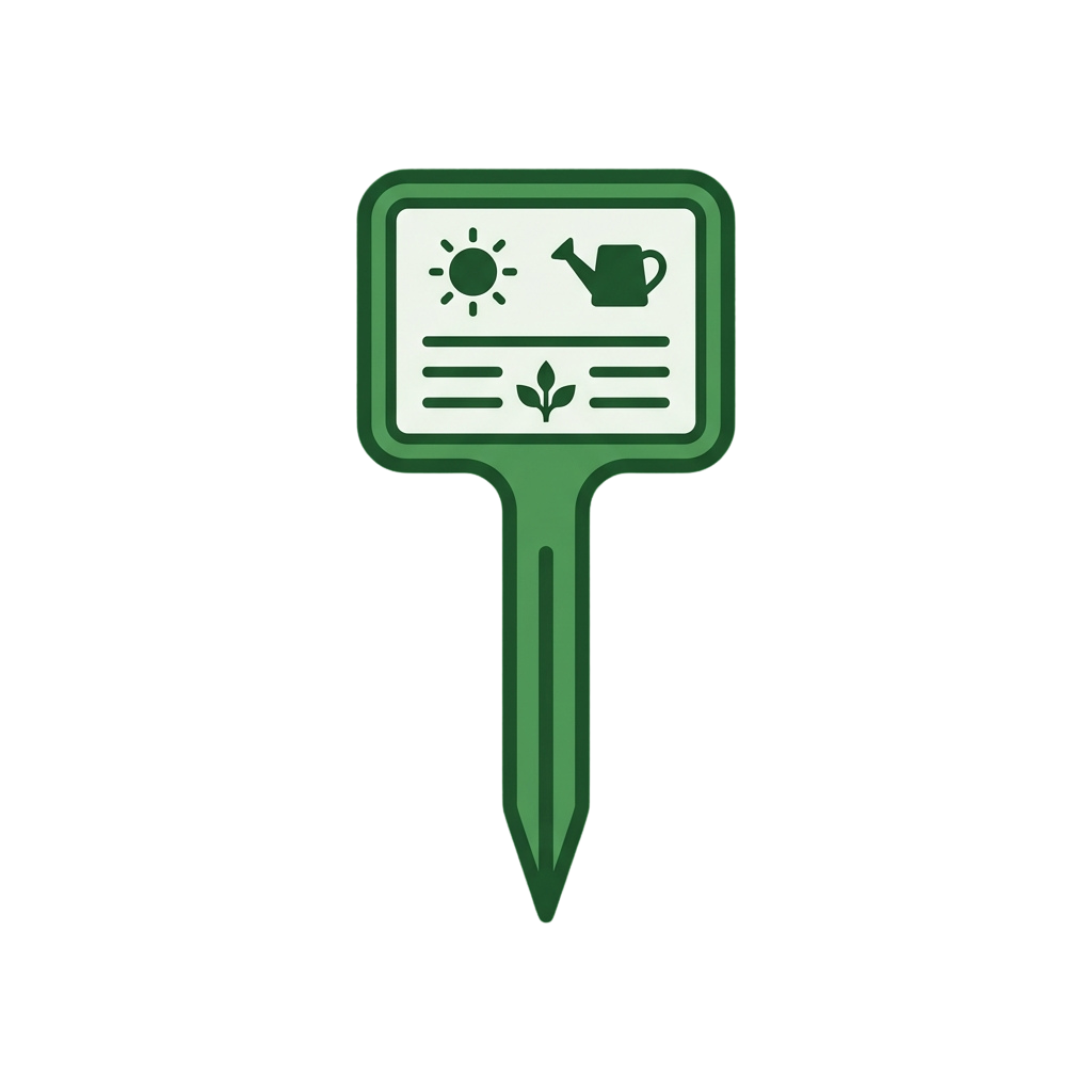 Green plant label with sun, watering can, and sprout icons on white background