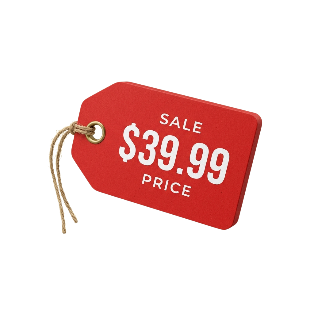 Red sale price tag displaying 39.99 with a string attached
