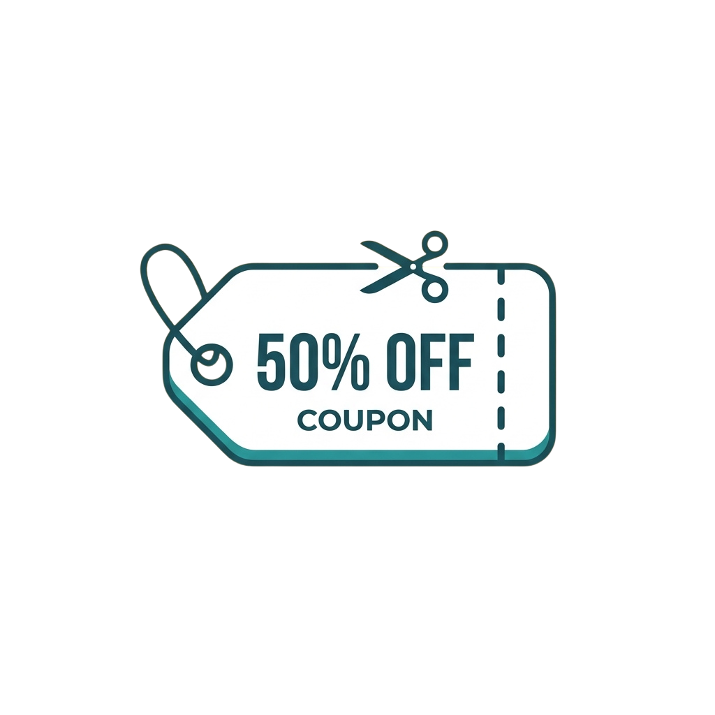 A white coupon tag with fifty percent off text and scissors icon on a black background