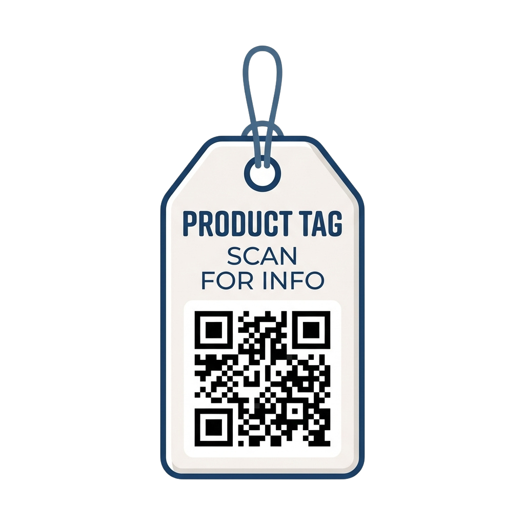 White product tag with QR code and text reading Product Tag Scan for Info