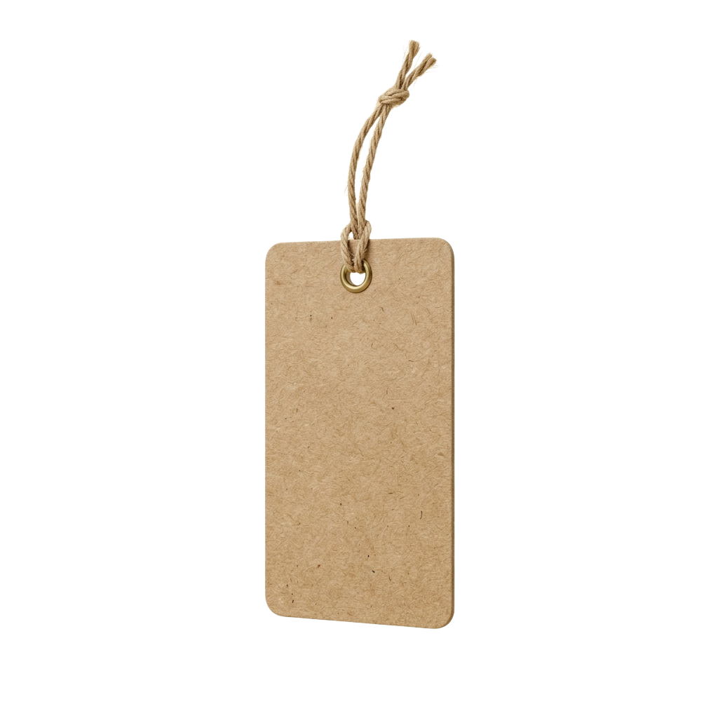 A blank rectangular kraft paper tag attached to a piece of twine forming a loop at the top