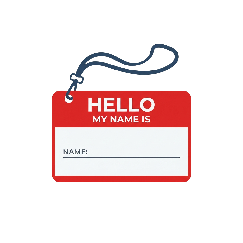 Red and white name tag with Hello My Name Is text and blank space for a name, attached to a lanyard