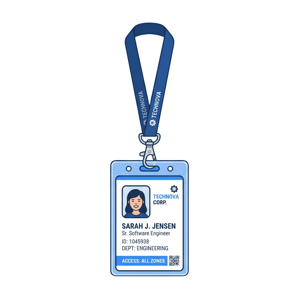 ID badge on a lanyard showing a software engineer's name, job title, ID number, department, and access permissions