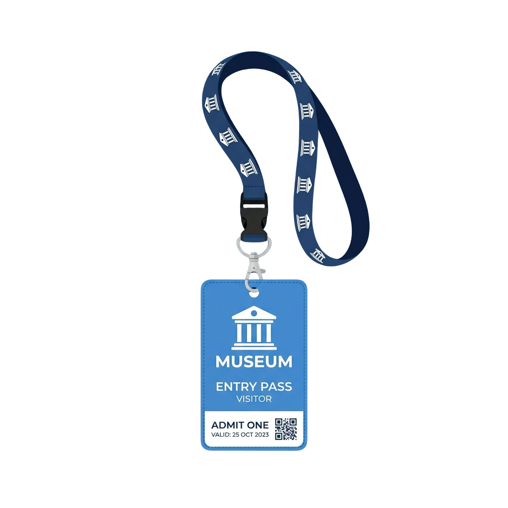 Blue museum entry pass lanyard with a white emblem and QR code ticket attached.
