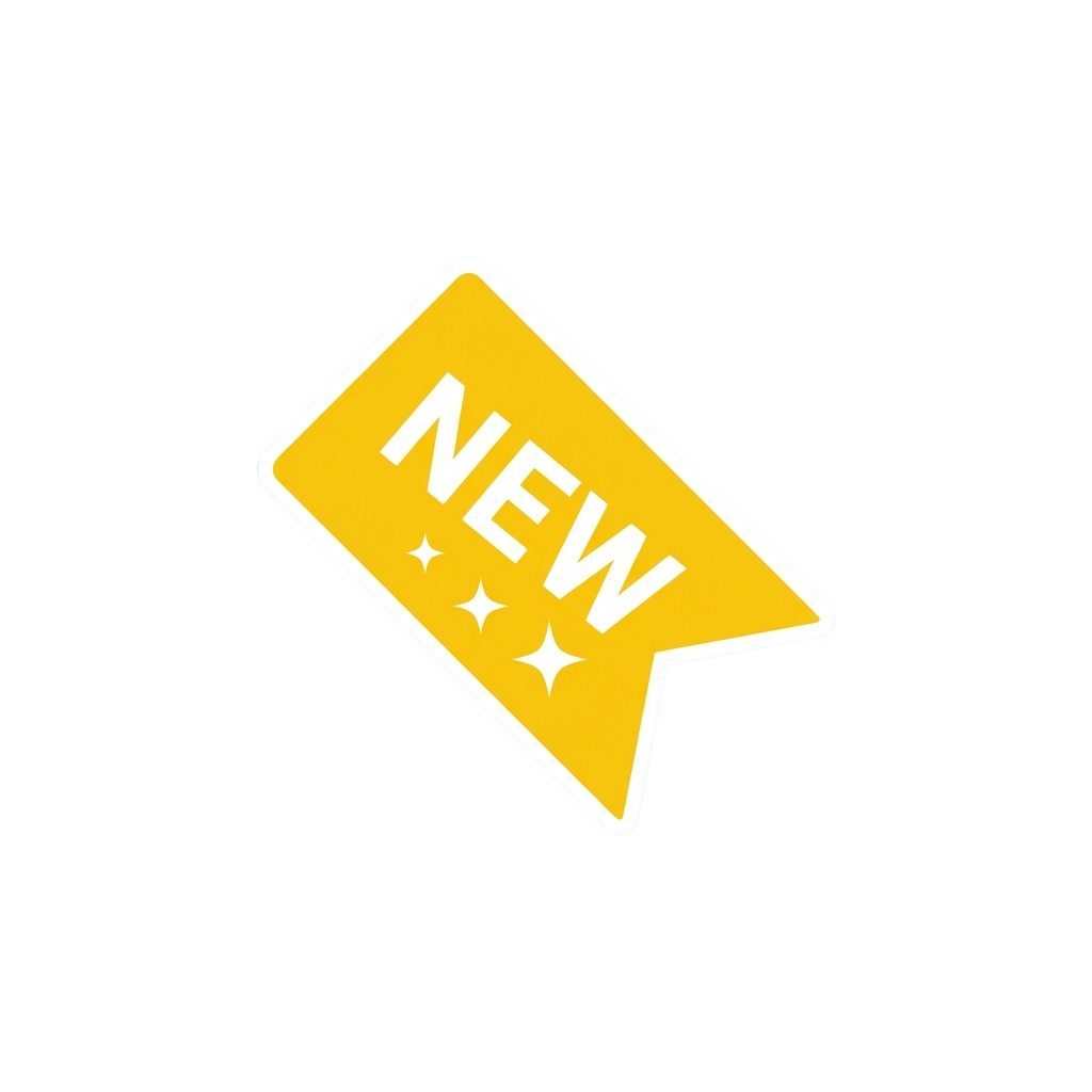 Bright yellow speech bubble with the word NEW in bold white letters and three small white stars