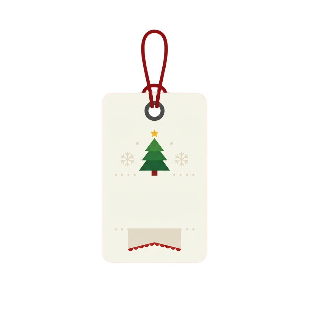 White gift tag with red ribbon loop featuring a green Christmas tree, snowflakes, and a star